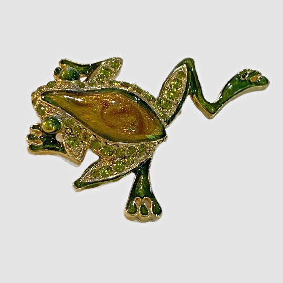 Hopping Frog Brooch Fashion Jewelry Enamel Pin Gold Brown & Green Rhinestones - Picture 2 of 9